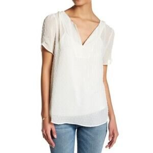 Daniel Rainn Swiss Dot Sheer Top Womens XL Extra Large Ivory Short Sleeve V Neck